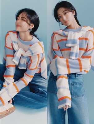 现货 韩系氛围感穿搭高级感巨好看减龄洋气慵懒风宽松条纹针织衫