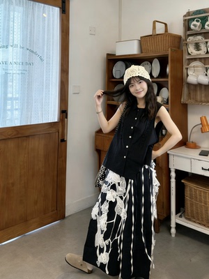 甜酷镂空花朵流苏长款屁帘新中式古风飘逸屁帘裙松紧腰带