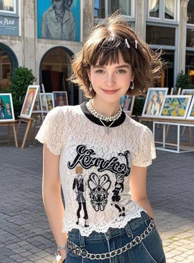 2025美式复古优雅白色蕾丝人物印花短袖T恤上衣女气质