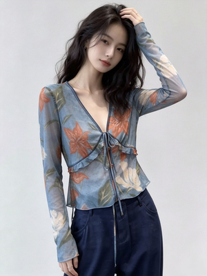 2026夏季彩纹复古法式印花V领新款开衫女轻薄气质显瘦上衣雪纺衫