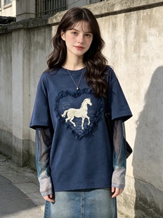 现货 气质高级感大码蓝色圆领印花t恤女假两件设计感长袖上衣