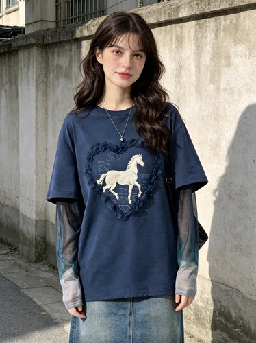 现货 气质高级感大码蓝色圆领印花t恤女假两件设计感长袖上衣