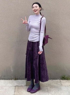 韩系复古灯芯绒立体花朵盘花半身裙女A字冬长裙
