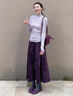 韩系复古灯芯绒立体花朵盘花半身裙女A字冬长裙