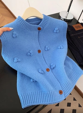韩系高级感蓝色立体毛球针织马甲女秋季时尚气质叠穿无袖背心上衣