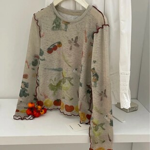 上衣 女长袖 现货 韩系设计感扎染木耳边T恤内搭打底衫