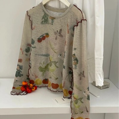 现货 韩系设计感扎染木耳边T恤内搭打底衫女长袖上衣