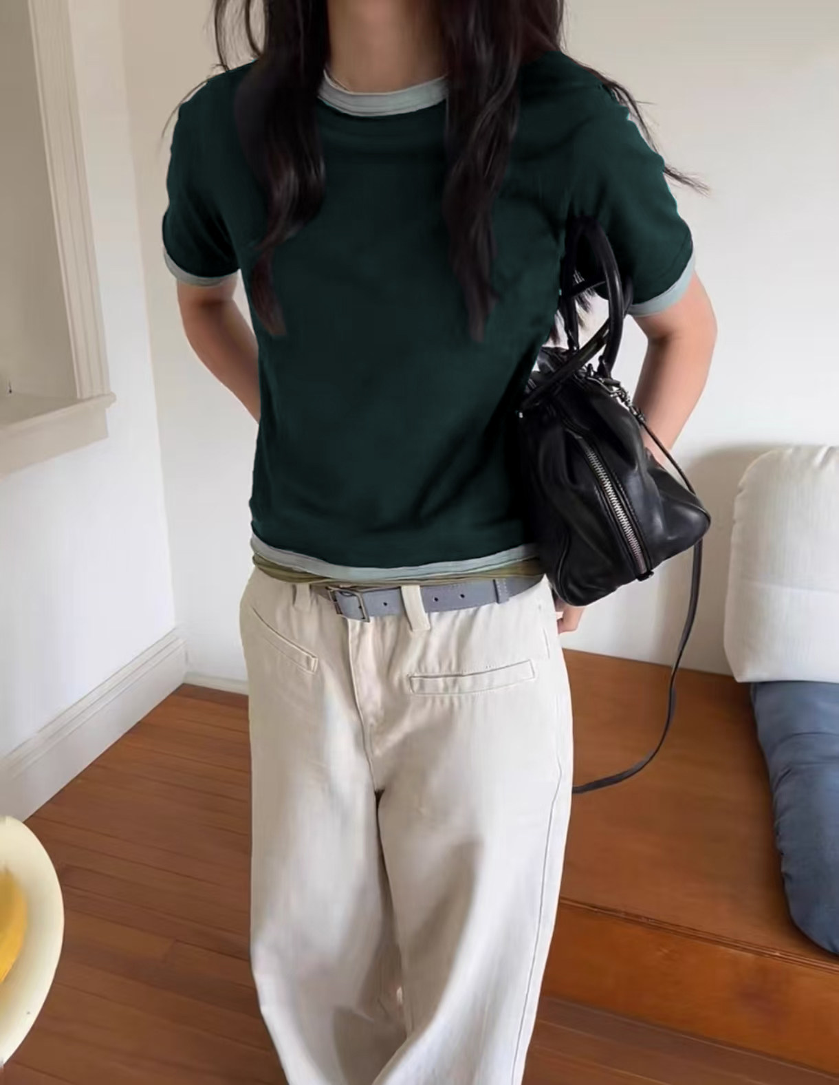 现货 重工纯棉假三件拼色短袖T恤女夏2025新款韩系正肩短袖上衣