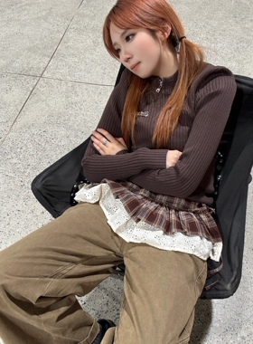 韩式复古设计感格子刺绣蕾丝拼接荷叶边半身裙一片式叠穿裙帘