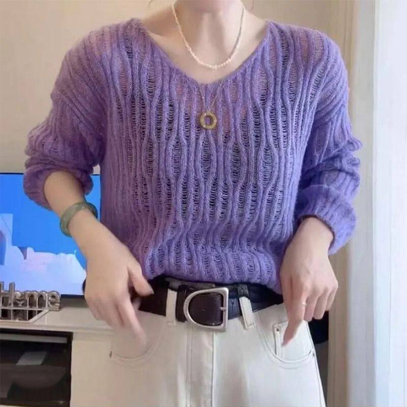 可盐可甜紫色镂空钩花针织衫女春季新款宽松百搭慵懒软糯新款毛衣