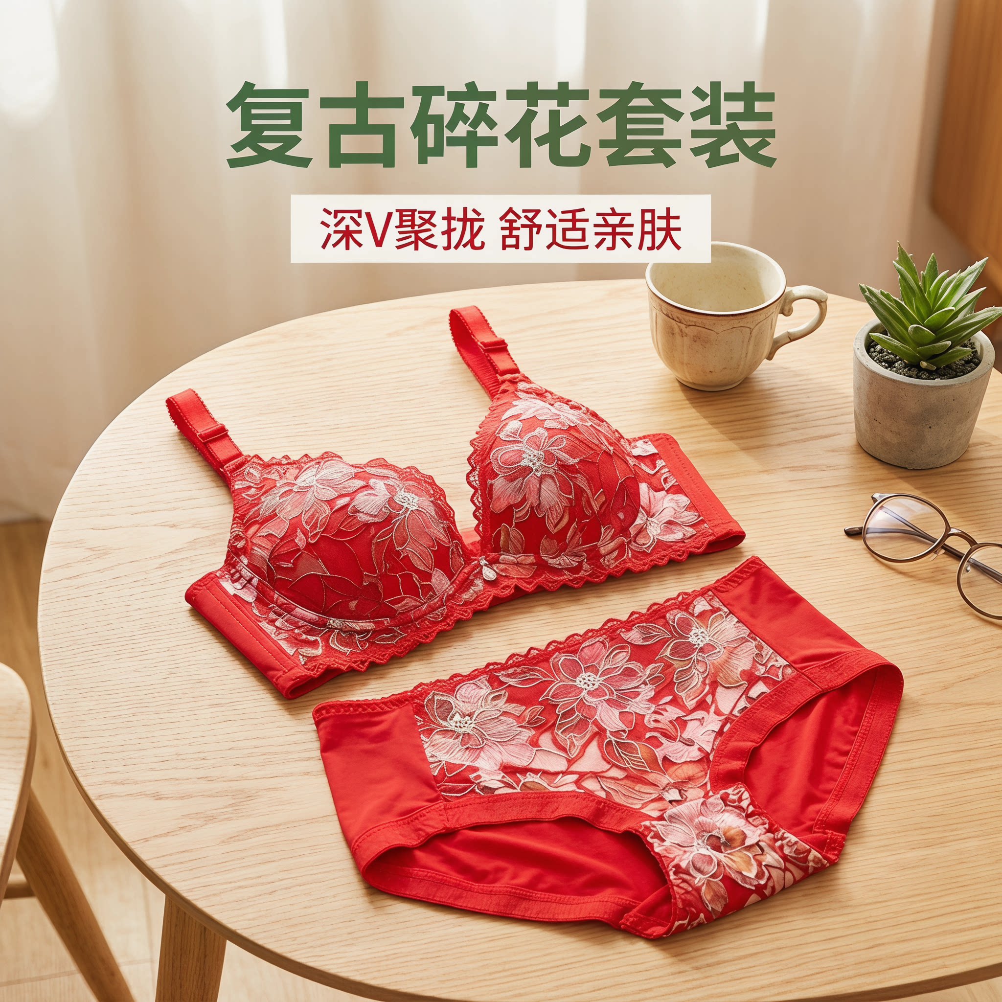 复古碎花蕾丝文胸套装女聚拢收副乳调整型深V性感内衣红色夏季