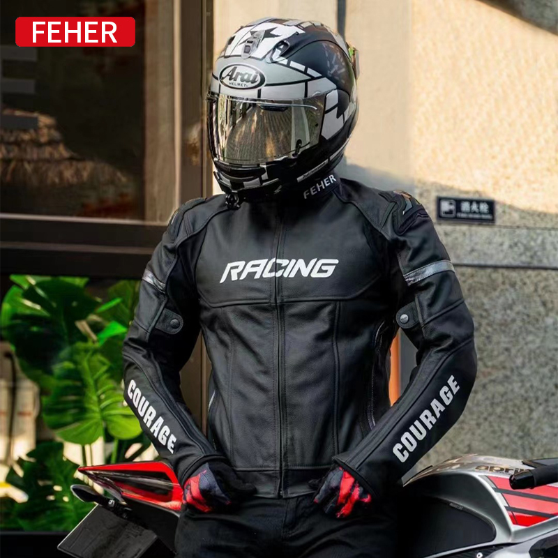 feher摩托车骑行牛皮防护皮夹克