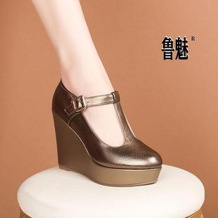 10厘米坡跟玛丽珍高跟真皮女鞋配裙子复古单鞋新款扣带高跟厚底鞋
