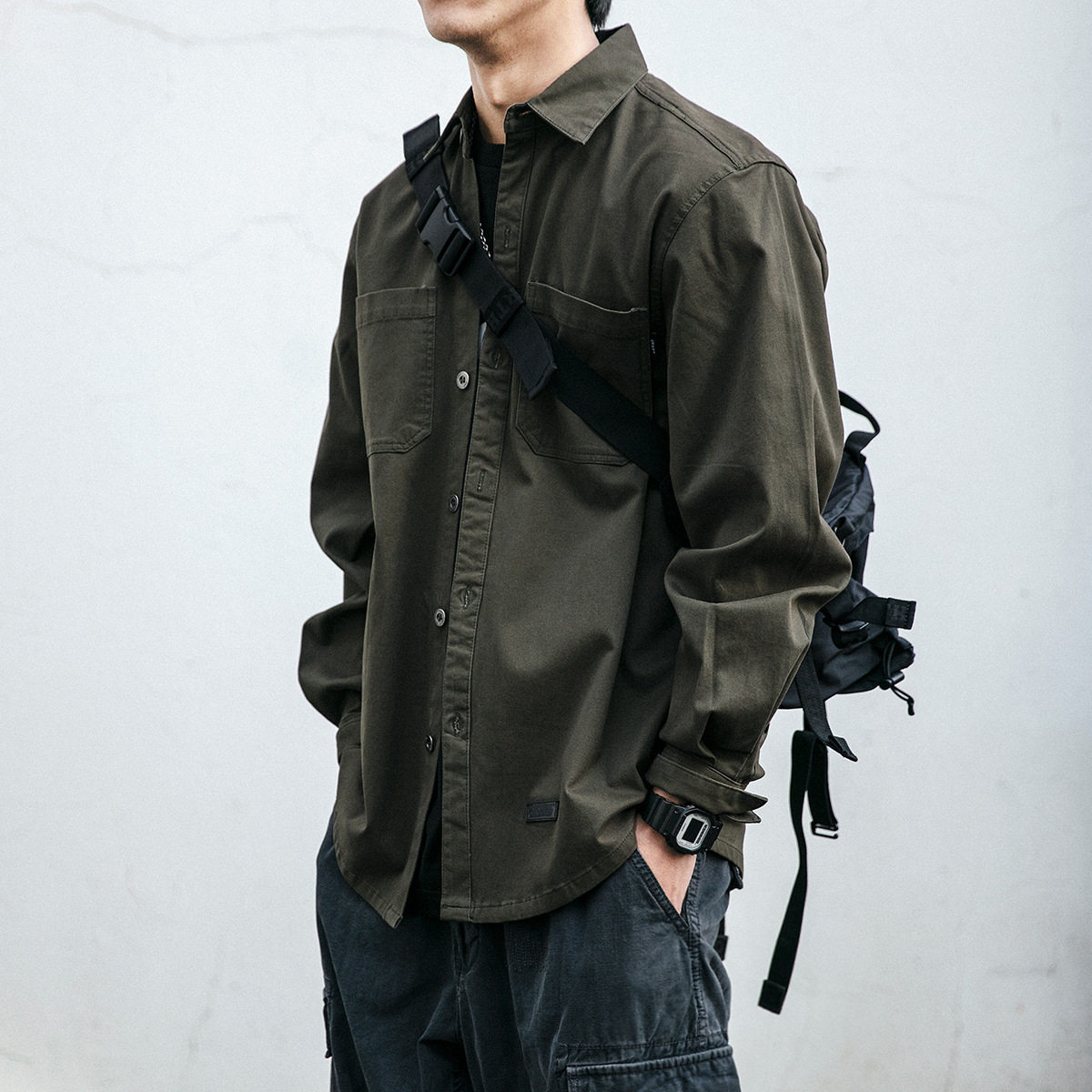 日系复古工装衬衫男长袖韩版潮流宽松口袋衬衣青年百搭休闲外套