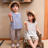 女童民族风纯色中式 背心宝宝复古夏装 上衣 薄款 汉服男童中国风夏季