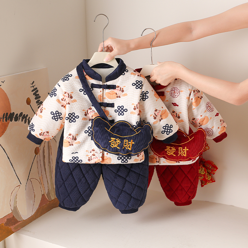 婴儿新中式拜年服唐装男女宝宝冬季加厚棉衣新年喜庆套装周岁礼服
