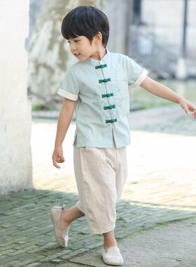 薄夏季男童汉服改良短袖唐装套装