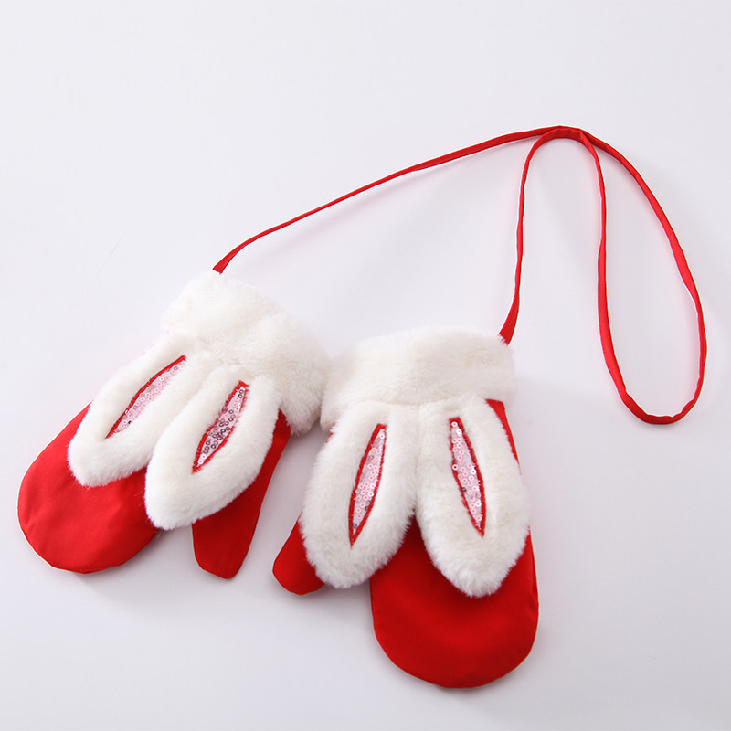 儿童手套冬季保暖女童可爱加绒加厚挂脖小兔子手指套宝宝卡通新年