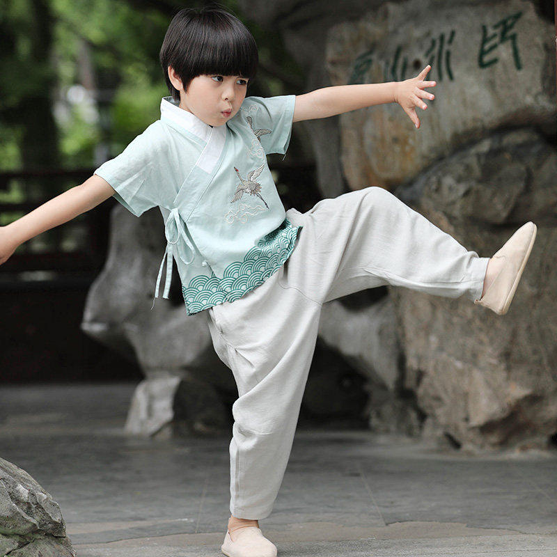 儿童汉服男童中国风夏装薄国学服小孩复古棉麻唐装民族风古装童装