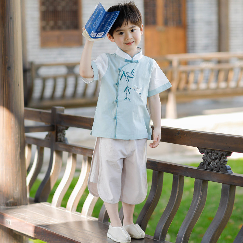 儿童汉服男童夏装宝宝中国风唐装小孩夏季套装民族风薄款短袖古装
