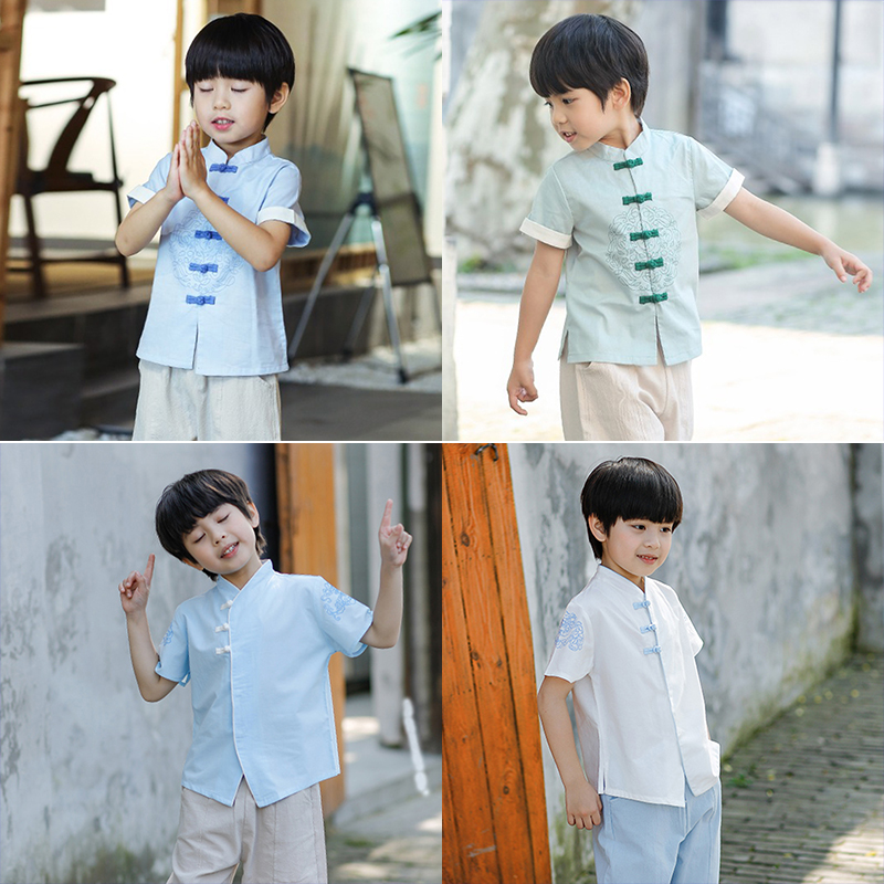 汉服男童改良薄款唐装儿童中国风夏宝宝复古短袖上衣小孩民族服装