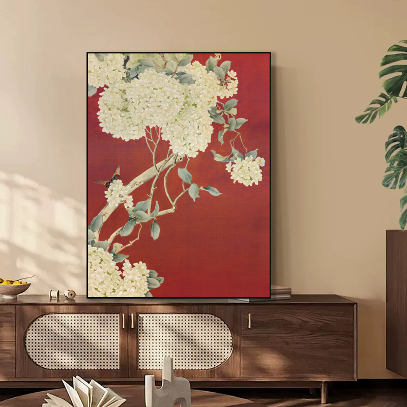 新中式复古中国红工笔花鸟国潮装饰画好寓意客厅茶室沙发背景挂画