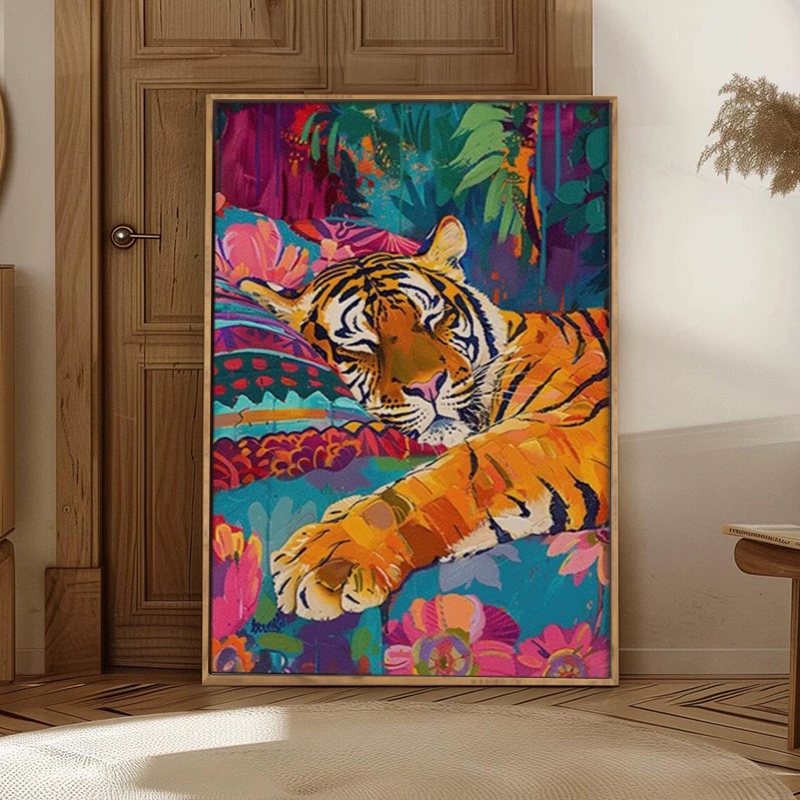 多巴胺彩色慵懒老虎装饰画现代办公室民宿壁画高级感玄关客厅挂画