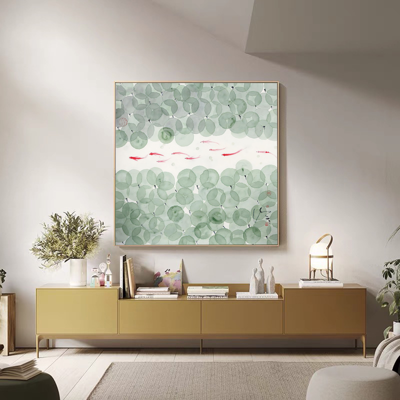 新中式荷花九鱼装饰画客餐厅背景墙挂画餐边柜玄关方形摆画书房画图片