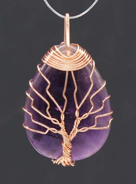 天然水晶水滴吊坠 玫瑰金绕线生命树项链女 欧美跨境