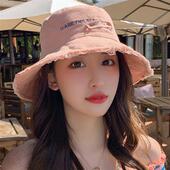 帽子女韩版 潮渔夫帽夏百搭太阳帽遮脸防紫外线时尚 毛边防晒遮阳帽