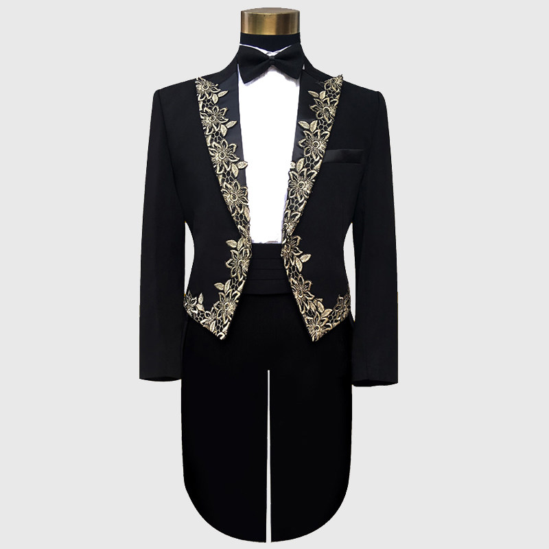 MENS BLACK SLIM TUXEDO STAGE PERFORMANCE COSTUME DANCE CHORUS CONDUCTOR COSTUME HOST DRESS SUIT