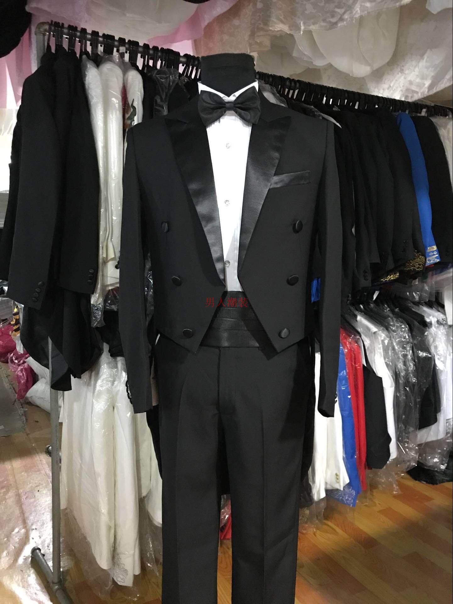 HIGH-END SERGE FABRIC MENS BLACK SLIM-FIT TUXEDO COSTUME SUIT DRESS CONDUCTOR CHORUS SUIT