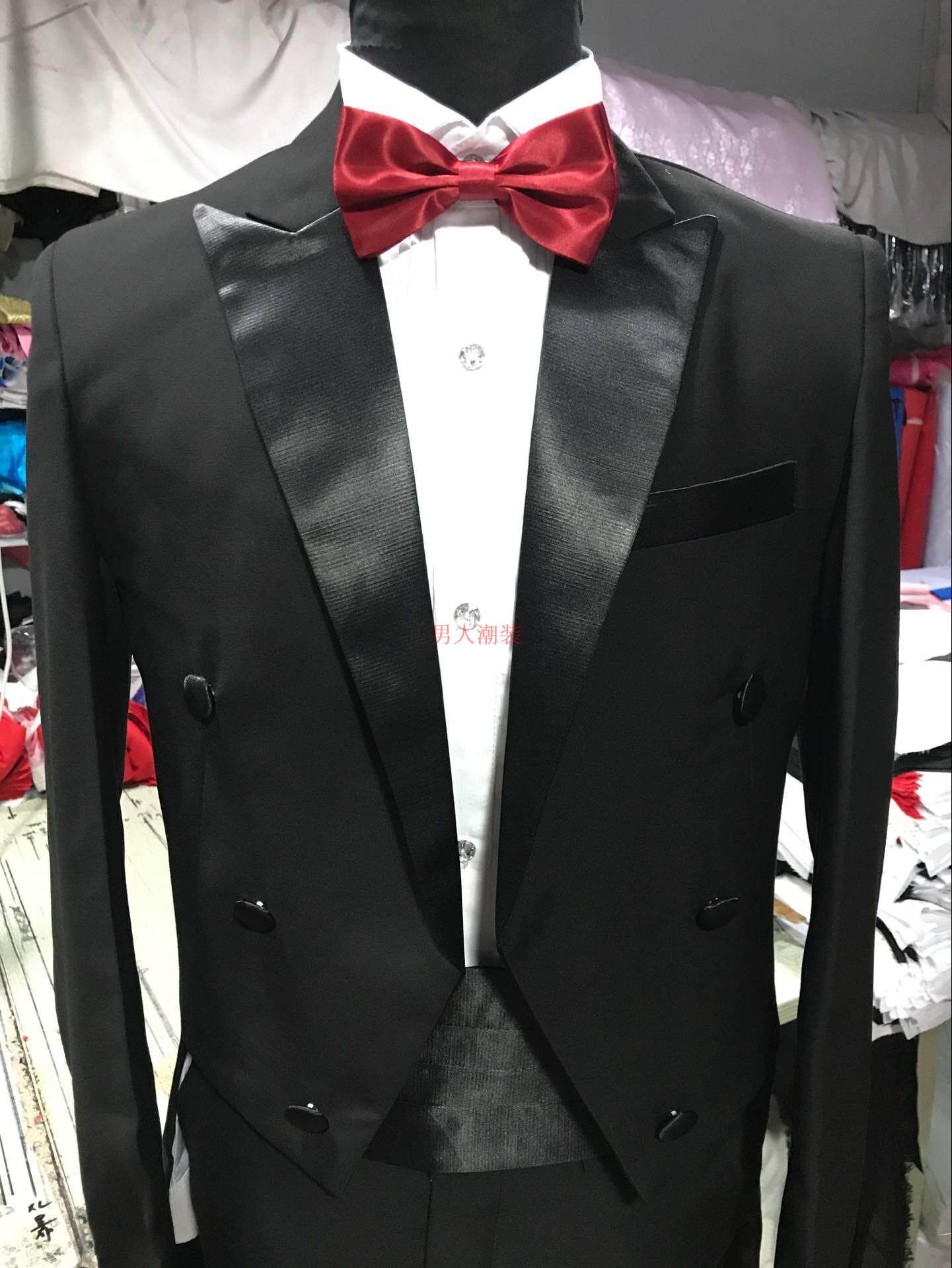 HIGH-END SERGE FABRIC MENS BLACK SLIM-FIT TUXEDO COSTUME SUIT DRESS CONDUCTOR CHORUS SUIT