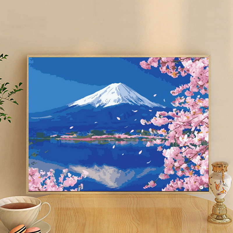 数字油画手绘diy唯美风景樱花油彩画水彩填色油画客厅装饰挂画