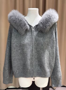 实拍2025连帽大毛领毛衣女狐狸毛新款时尚百搭针织衫加厚上衣外套