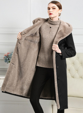 欧美女水貂毛内胆中长款过膝貂皮大衣新款棉服加绒外套女保暖爆款