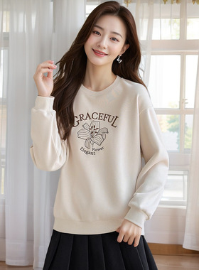 圆领重工刺绣卫衣2025室内新款韩版气质宽松休闲套头长袖女士上衣