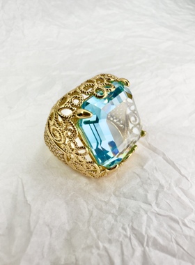 欧美外贸品牌打标奢华大克拉女戒指天然蓝水晶蓝宝石镂空花纹戒指