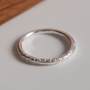 S999足银古法浮雕樱花戒指复古素圈足银闭口戒男女食指环新中式