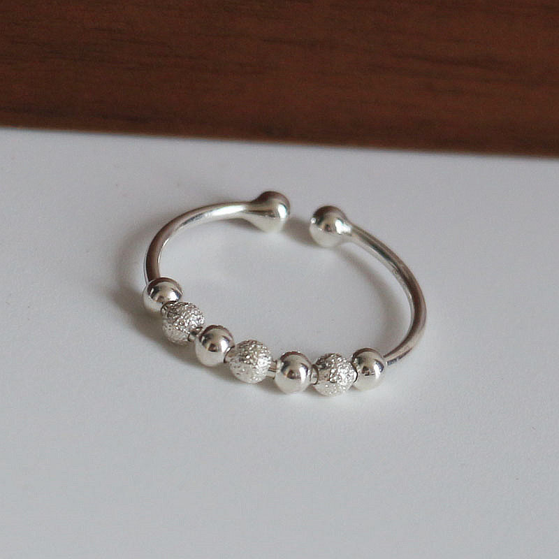 S925纯银磨砂珠子转动开口戒指串珠圆珠指环简约个性韩版银饰女