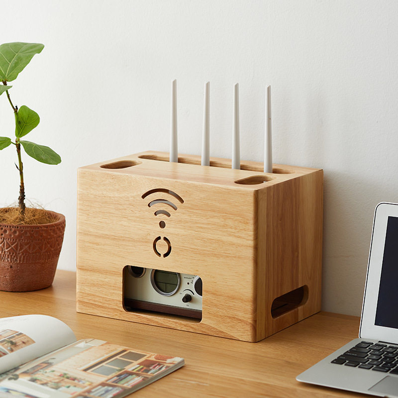 wifi机顶盒光猫桌面路由器收纳免打孔实木集线盒电源插座收纳盒