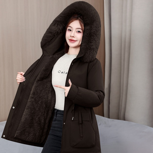 收腰棉服女2026新款冬季派克服外套小个子女中长款带毛领加厚棉衣