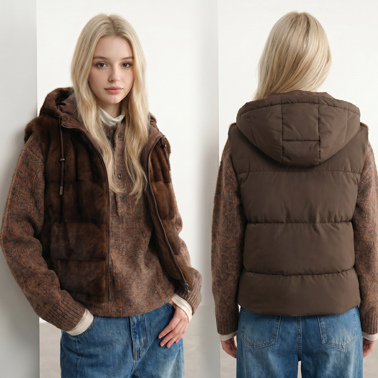 冬季加厚羽绒棉马甲女毛绒拼接