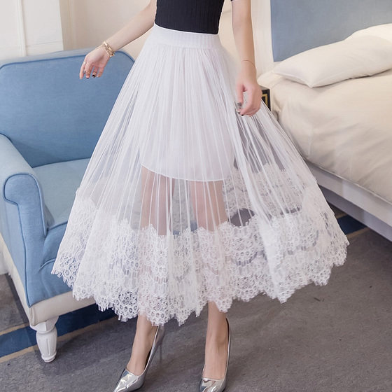 2019纱裙半身裙蕾丝百搭显瘦网纱a字裙夏黑色高腰中长款百褶裙女在类目 女装/女士精品, 半身裙中 - 来自Buy2taobao.com提供专业的淘宝代购服务