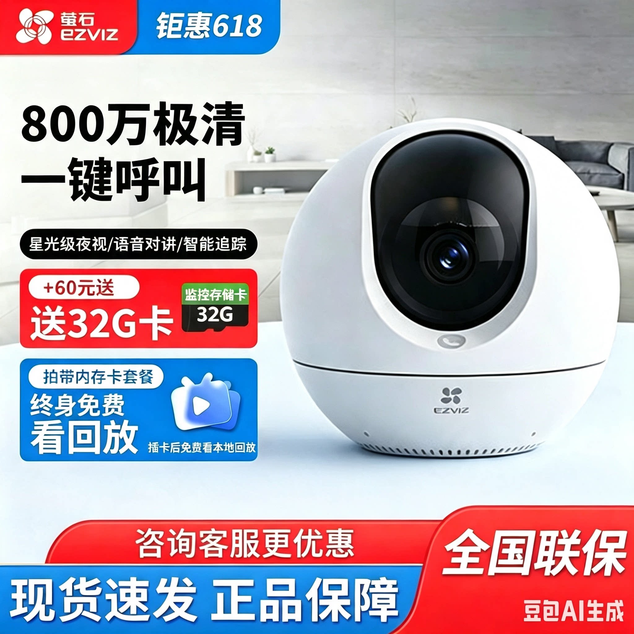 萤石C6C精灵球无线网络AI摄像头360全景家用CP1/H6C监控高清夜视