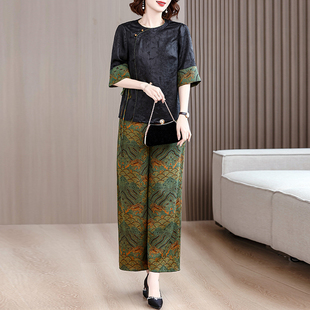 套装 夏季 新款 国风宽松香云纱时尚 两件套 女妈妈真丝高档印花阔腿裤