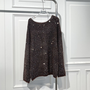 韩系百搭亮片一字肩毛针织衫女2025冬季新款宽松显瘦遮肉中长上衣