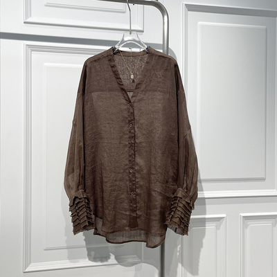 通勤气质百搭长袖中长苎麻衬衫潮