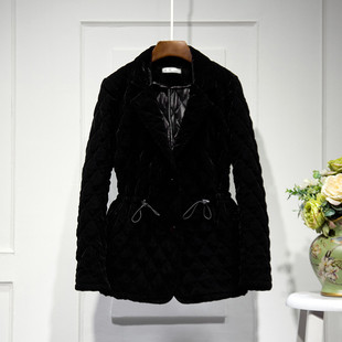 春新款 菱形格西服上衣领收腰女丝绒棉服复古百搭气质显瘦外套