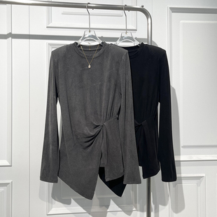 时尚百搭不规则打结设计感T恤拉绒小衫女2025冬新款显瘦中长上衣